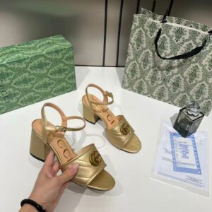 gucci gg marmont gold leather block heel sandals gg logo with og box & carry bag gold 8058 3