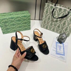 gucci gg marmont black leather block heel sandals gg logo with og box & carry bag black 8058 3