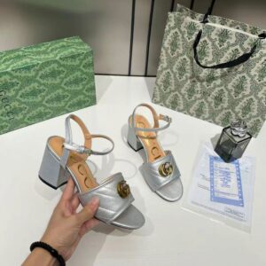 gucci gg marmont silver leather block heel sandals gg logo with og box & carry bag silver 8058 3