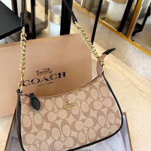 coach teri singature canvas shoulder bag with box dustbag slingbelt 5656