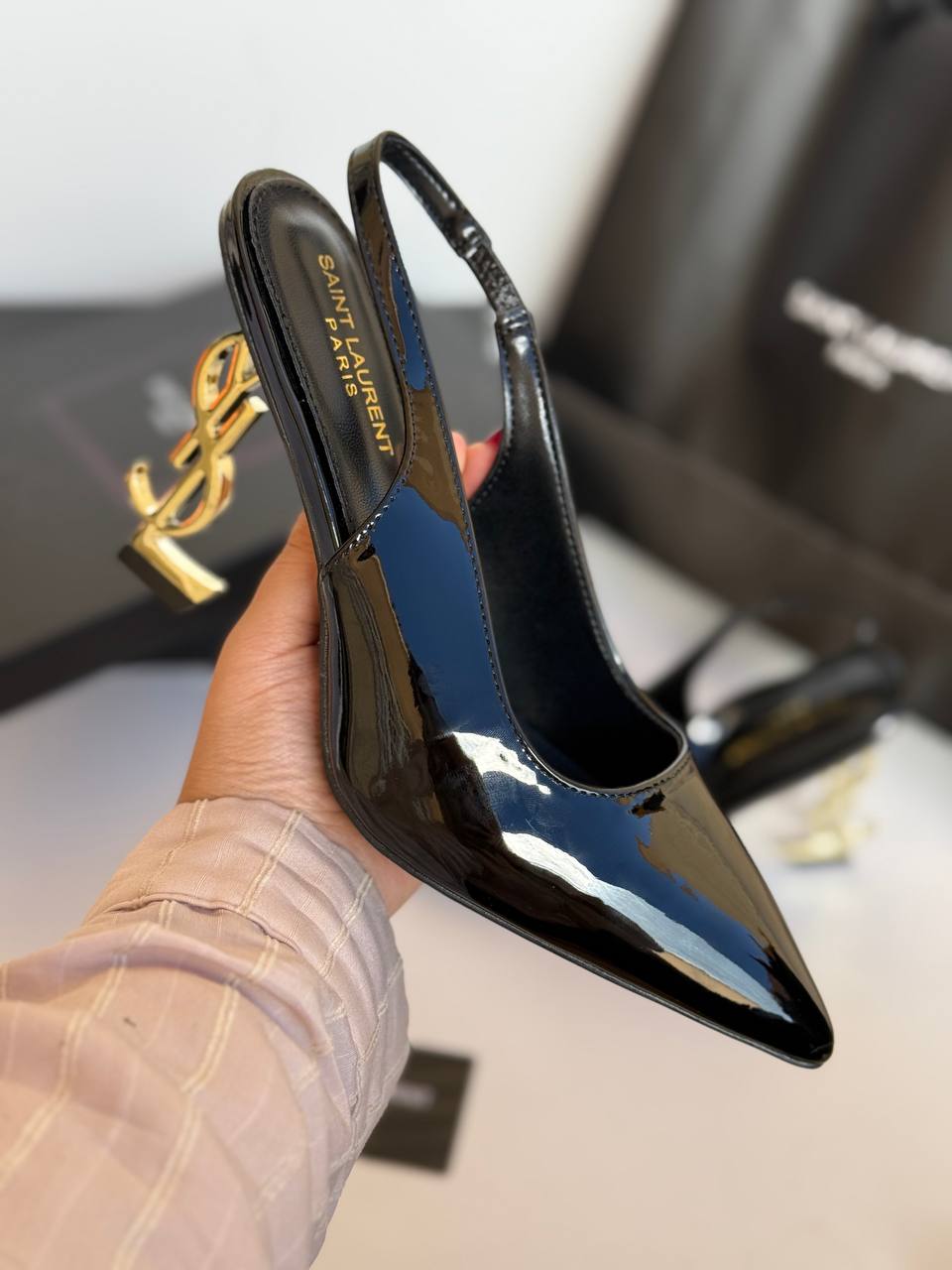ysl saint laurent opyum heel black gold slingback pumps 8679 black gold with og box carry bag ysl saint laurent opyum heel black gold slingback pumps 8679 black gold with og box carry bag