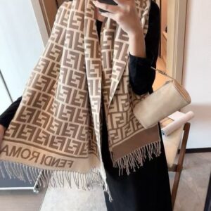 fend.i dual tone beige brown ff pattern premium wool shawl with og box & carry bag