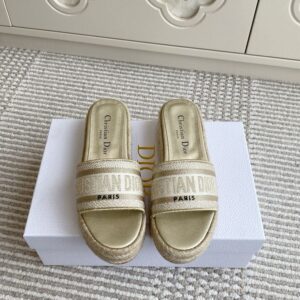 christian dio.r dway platform slide sandals gold embroidered signature strap with og carry bag 3369 gold