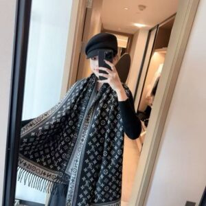 loui.s vuitton monogram wool shawl scarf black grey with og box & carry bag