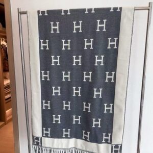 herme.s h monogram wool shawl scarf grey white with og box & carry bag
