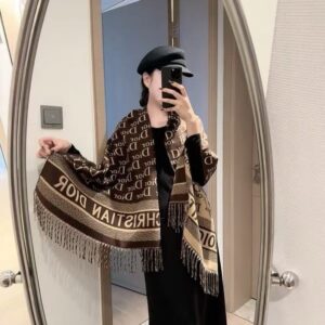 christian dio.r oblique wool shawl scarf brown beige with og box & carry bag