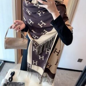 herme.s classic h monogram coffee cream cotton pashmina with og box with carry bag