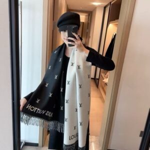 loui.s vuitton split monogram black white cotton pashmina with og box with carry bag