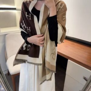 herme.s h logo equestrian brown beige khaki cotton pashmina with og box with carry bag