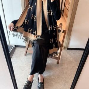 herme.s classic h monogram reversible black tan wool pashmina with og box with carry bag