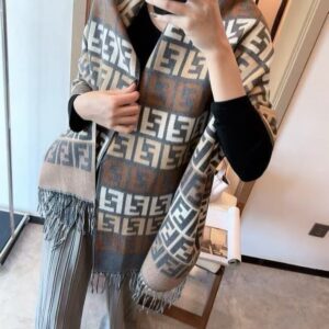 fend.i ff zucca monogram block brown grey beige wool shawl scarf with og box with carry bag