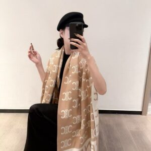 celine triomphe monogram tan beige cream wool shawl scarf with og box with carry bag