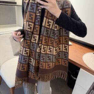 fend.i ff zucca monogram block brown tan grey wool shawl scarf with og box with carry bag
