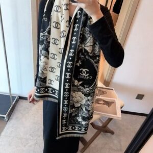 chane.l cc monogram floral camellia butterfly print black white wool shawl scarf with og box with carry bag