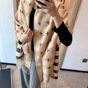 loui.s vuitton classic monogram logo beige cream brown wool shawl scarf with og box with carry bag