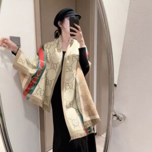 gucc.i gg monogram with signature red green web stripe cream beige wool shawl scarf with og box with carry bag