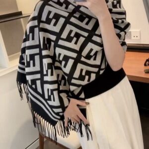 fend.i ff zucca monogram geometric block grey black wool shawl scarf with og box with carry bag