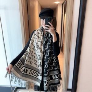 christian dio.r signature logo split oblique monogram black white wool shawl scarf with og box with carry bag