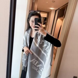 prad.a signature logo border abstract print grey white wool shawl scarf with og box with carry bag