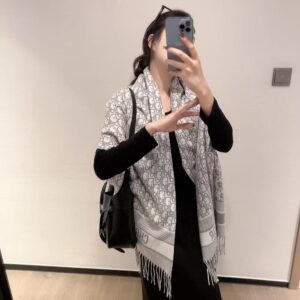 christian dio.r oblique monogram vintage pattern light grey white wool shawl scarf with og box with carry bag