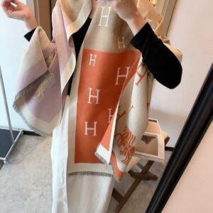 herme.s classic h logo block with horse motif orange beige mauve wool shawl scarf with og box with carry bag
