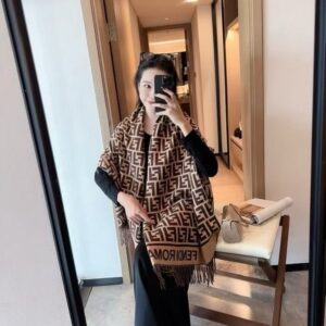 fend.i ff zucca monogram all over print dark brown tan wool shawl scarf with og box with carry bag