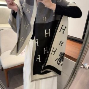 herme.s classic h logo block with horse motif black dark grey cream wool shawl scarf with og box with carry bag