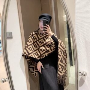 fend.i ff zucca monogram asymmetrical block dark brown tan wool shawl scarf with og box with carry bag