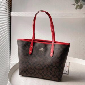coac h signature city tote bag with og box & dust bag (dark brown red 6420)