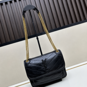 ysl saint laurent niki medium chain bag black quilted crinkled leather with og box carry bag 1325 black