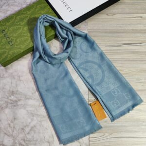 gucci sky grey blue tonal gg monogram logo luxury cotton pashmina scarf with polythene