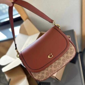 coach crossbody bag signature canvas coach monogrammed flap bag with og box & dust cover carry bag caramel brown c803