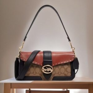 coachh georgie shoulder bag featuring colorblock black red leather with og box dust cover & carry bag
