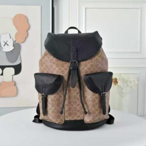 coachh warner backpack signature canvas coated canvas leather with dust cover 909 apricot black
