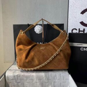chanell cb noir ligne elancee shoulder maxi bag suede brown with original carry bag dustcover tags c8323