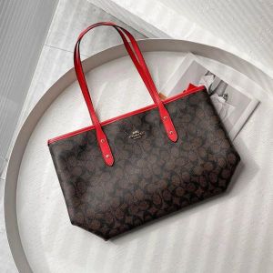 coac h signature city tote bag with og box & dust bag (dark brown red 6420) coac h signature city tote bag with og box & dust bag (dark brown red 6420)