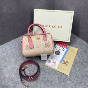coachh rowan satchel signature coated canvas floral print in vibrant pink leather with og box & dust cover pink