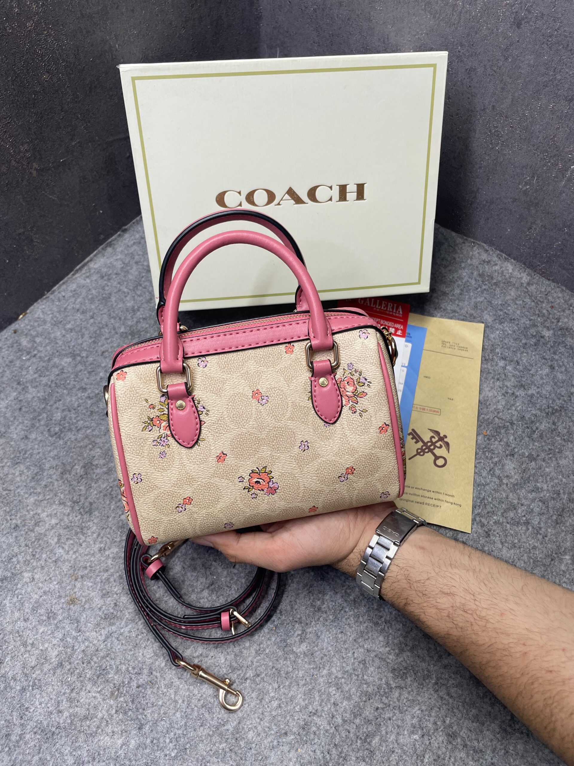 coachh rowan satchel signature coated canvas floral print in vibrant pink leather with og box & dust cover pink coachh rowan satchel signature coated canvas floral print in vibrant pink leather with og box & dust cover pink
