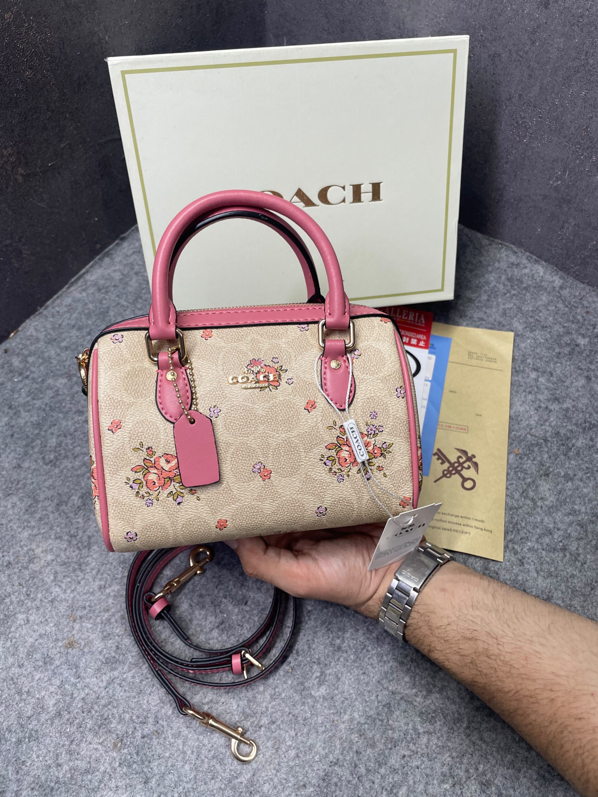 coachh rowan satchel signature coated canvas floral print in vibrant pink leather with og box & dust cover pink coachh rowan satchel signature coated canvas floral print in vibrant pink leather with og box & dust cover pink