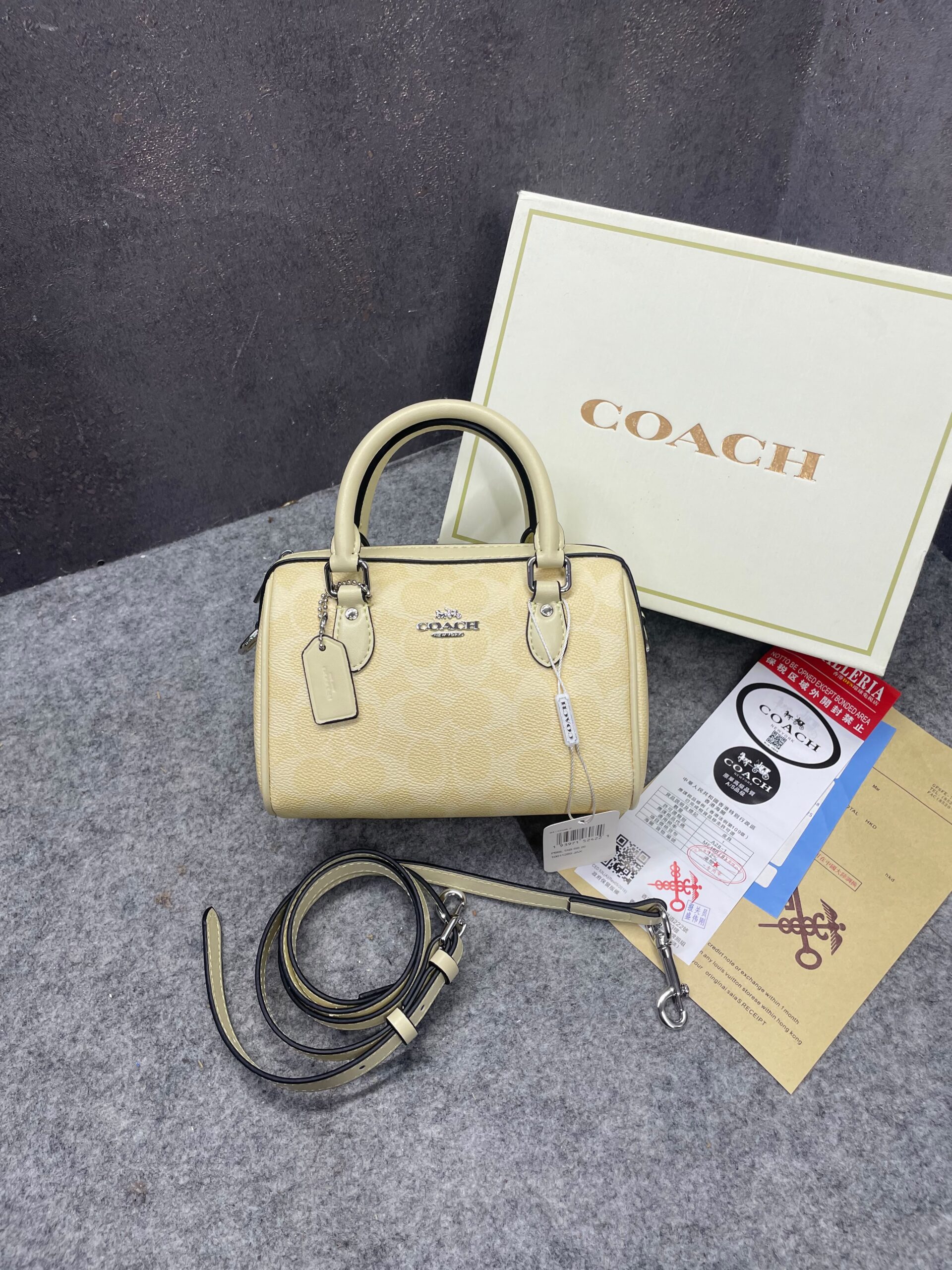 coachh rowan satchel signature coated canvas vibrant yellow leather with og box & dust cover yellow coachh rowan satchel signature coated canvas vibrant yellow leather with og box & dust cover yellow