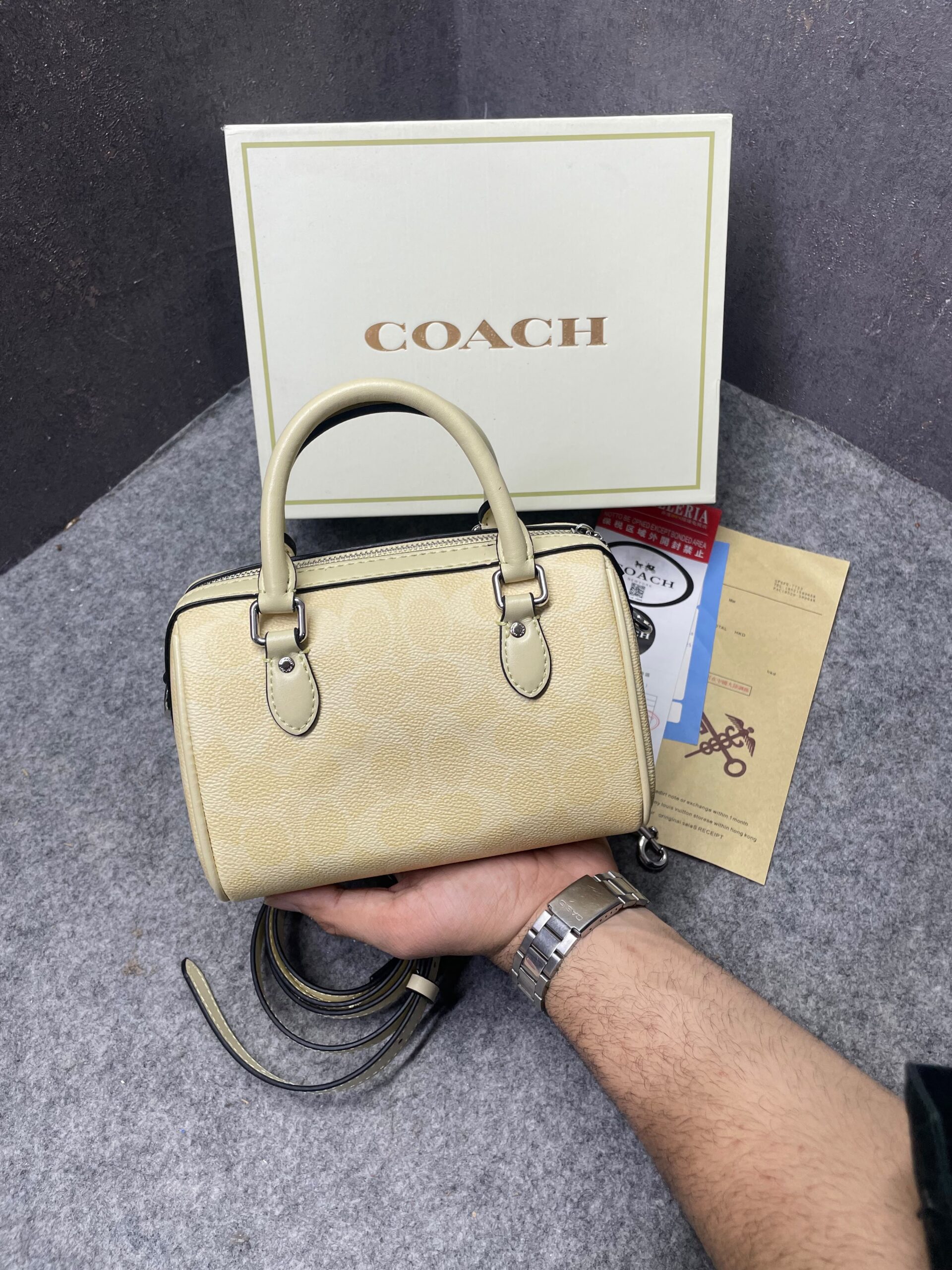coachh rowan satchel signature coated canvas vibrant yellow leather with og box & dust cover yellow coachh rowan satchel signature coated canvas vibrant yellow leather with og box & dust cover yellow