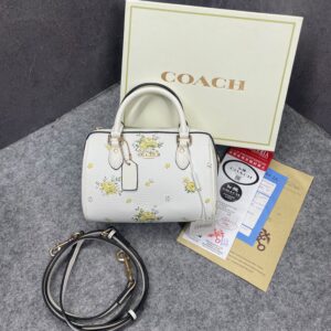 coachh rowan satchel signature coated canvas vibrant white floral dandelion print leather with og box & dust cover white