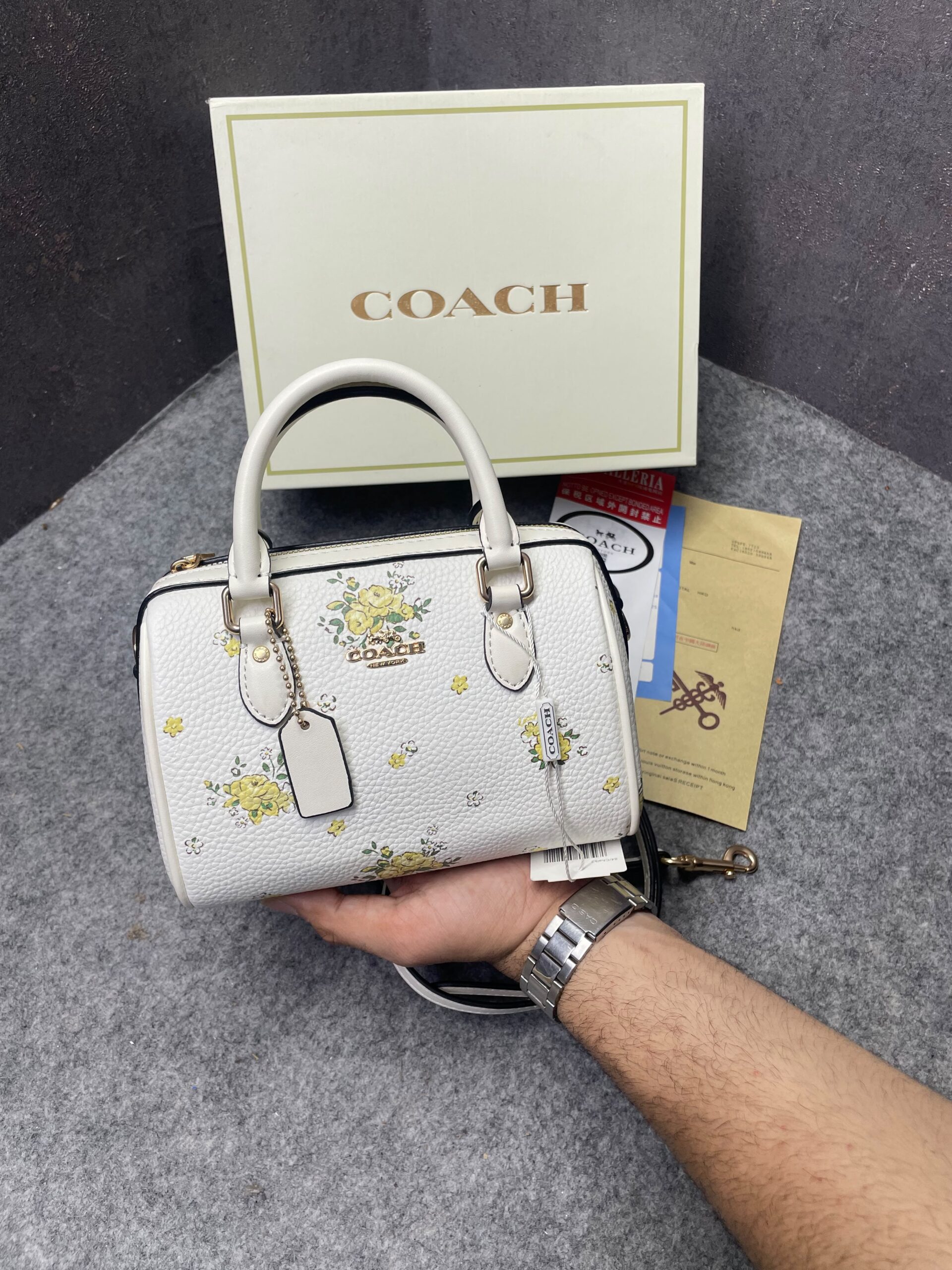 coachh rowan satchel signature coated canvas vibrant white floral dandelion print leather with og box & dust cover white coachh rowan satchel signature coated canvas vibrant white floral dandelion print leather with og box & dust cover white