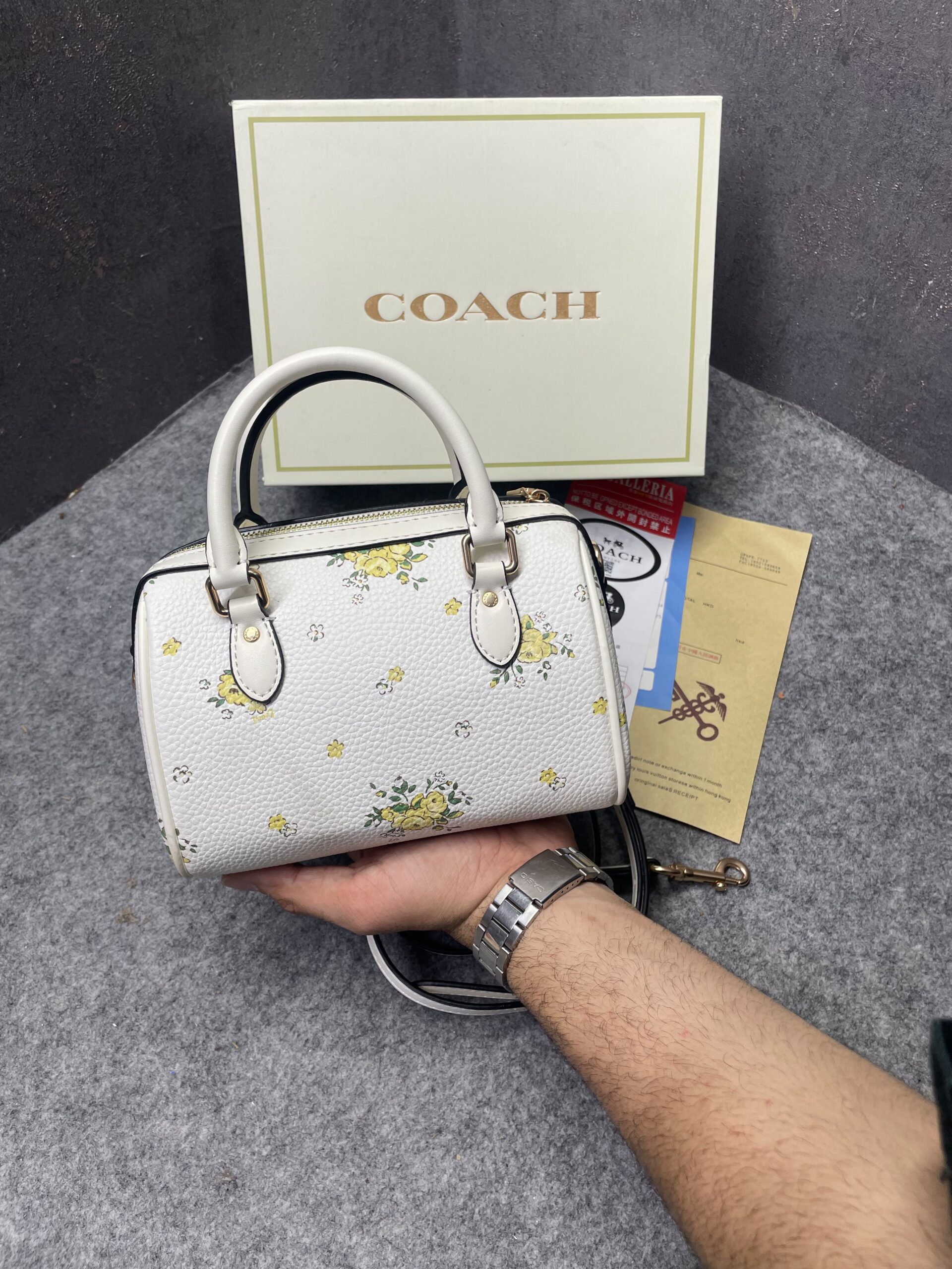 coachh rowan satchel signature coated canvas vibrant white floral dandelion print leather with og box & dust cover white coachh rowan satchel signature coated canvas vibrant white floral dandelion print leather with og box & dust cover white