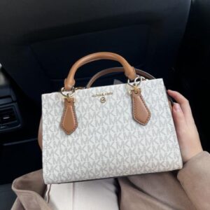 michaell kors 1687 beige marilyn small satchel with og box & dust cover beige brown