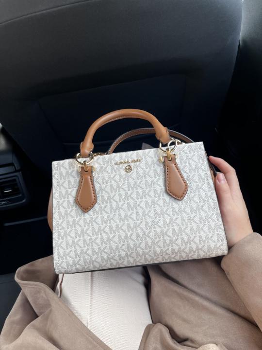 michaell kors 1687 beige marilyn small satchel with og box & dust cover beige brown michaell kors 1687 beige marilyn small satchel with og box & dust cover beige brown