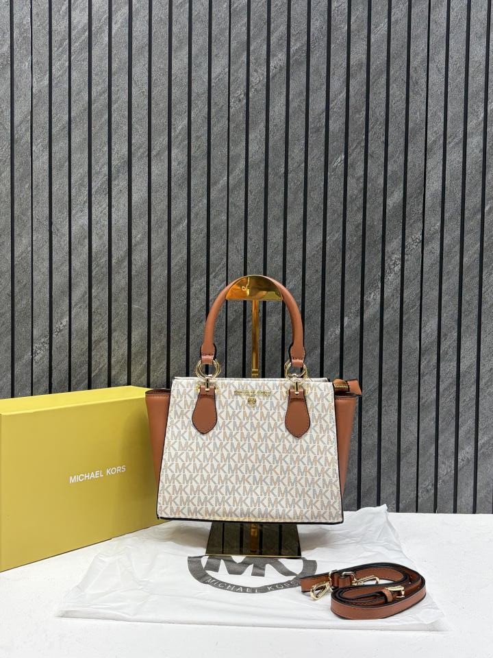 michaell kors 1687 beige marilyn small satchel with og box & dust cover beige brown michaell kors 1687 beige marilyn small satchel with og box & dust cover beige brown
