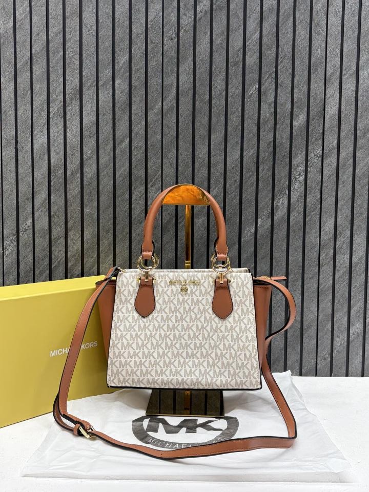 michaell kors 1687 beige marilyn small satchel with og box & dust cover beige brown michaell kors 1687 beige marilyn small satchel with og box & dust cover beige brown