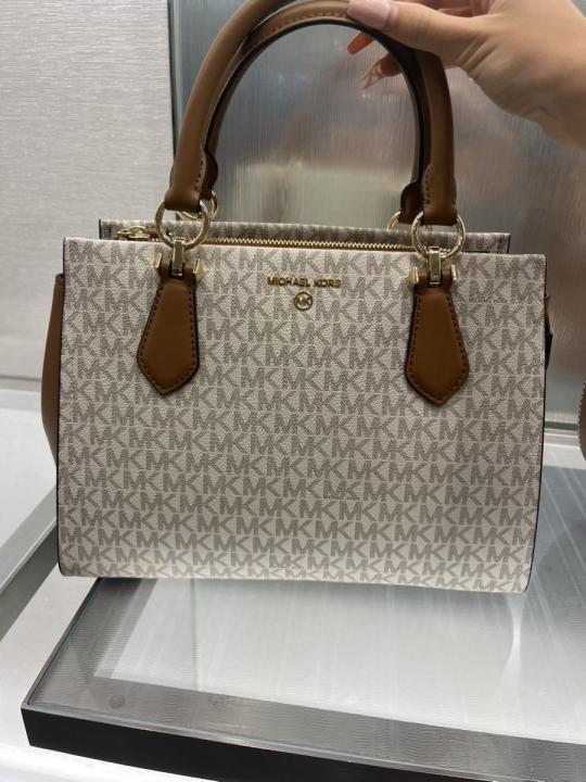 michaell kors 1687 beige marilyn small satchel with og box & dust cover beige brown michaell kors 1687 beige marilyn small satchel with og box & dust cover beige brown