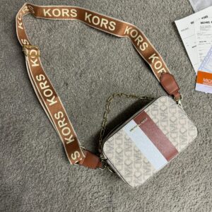 michaell kors jet set signature logo striped small mera crossbody bag beige with og box dust cover & rry bag 248 beige
